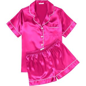 Ekouaer Womens Silk Satin Pajama Sets Soft Short Sleeve Button Down Sleepwear Top and Shorts 2 Piece Pjs Lounge Set(Rose)