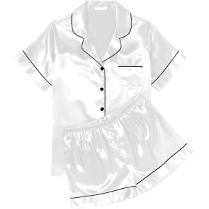 Ekouaer Womens Silk Satin Pajama Sets Soft Short Sleeve Button Down Sleepwear Top and Shorts 2 Piece Pjs Lounge Set(White)