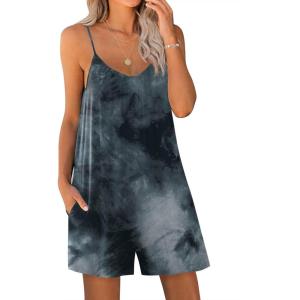 Ekouaer Womens Summer Casual Sleeveless Romper Adjustable Spaghetti Strap Shorts Jumpsuits with Pockets 2025 Clothes(Tie Dye Grey)