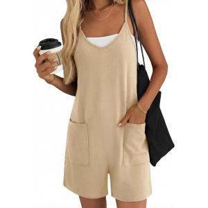 Ekouaer Womens Summer Casual Sleeveless Rompers Loose Spaghetti Strap Shorts Overalls Outfits 2025 Jumpsuits With Pockets(Khaki)