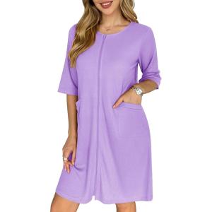 Ekouaer Zip Up Robes for Women Short Waffle Bathrobe Lightweight house coat 3/4 Sleeve Soft Nightgown with Pockets S-3XL(Lavender)