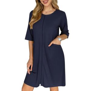 Ekouaer Zip Up Robes for Women Short Waffle Bathrobe Lightweight house coat 3/4 Sleeve Soft Nightgown with Pockets S-3XL(Navy Blue)