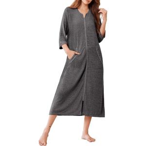 Ekouaer Zipper Robes for Women 3/4 Sleeve Bathrobe Lightweight House Coats for Women with Pockets Long Moo Moo Nightgown(Deep Gray)