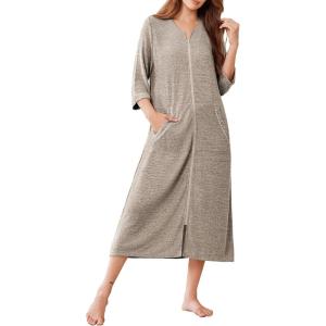 Ekouaer Zipper Robes for Women 3/4 Sleeve Bathrobe Lightweight House Coats for Women with Pockets Long Moo Moo Nightgown(Khaki)