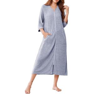 Ekouaer Zipper Robes for Women 3/4 Sleeve Bathrobe Lightweight House Coats for Women with Pockets Long Moo Moo Nightgown(Light Blue)