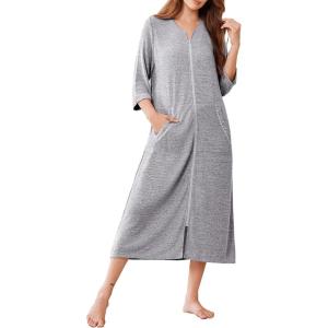 Ekouaer Zipper Robes for Women 3/4 Sleeve Bathrobe Lightweight House Coats for Women with Pockets Long Moo Moo Nightgown(Light Gray)