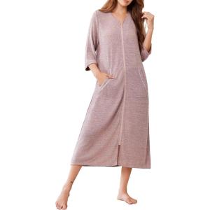 Ekouaer Zipper Robes for Women 3/4 Sleeve Bathrobe Lightweight House Coats for Women with Pockets Long Moo Moo Nightgown(Light Pink)