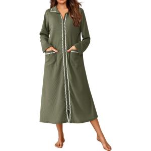 Ekouaer Zipper Robes for Women Long Waffle Knit Bathrobe Lightweight Long Sleeves Robe Soft Sleepwear with Pockets S-XXL(Army Green)