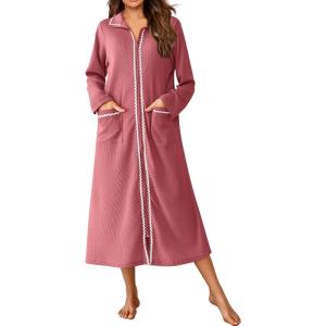 Ekouaer Zipper Robes for Women Long Waffle Knit Bathrobe Lightweight Long Sleeves Robe Soft Sleepwear with Pockets S-XXL(Caramel)