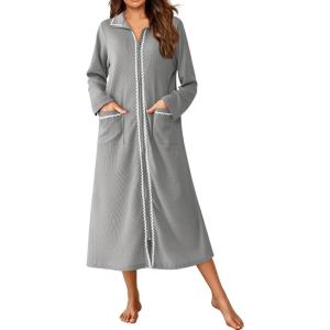 Ekouaer Zipper Robes for Women Long Waffle Knit Bathrobe Lightweight Long Sleeves Robe Soft Sleepwear with Pockets S-XXL(Light Gray)