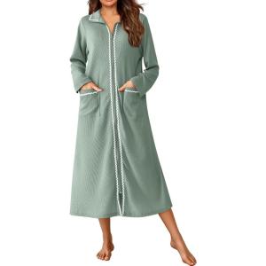 Ekouaer Zipper Robes for Women Long Waffle Knit Bathrobe Lightweight Long Sleeves Robe Soft Sleepwear with Pockets S-XXL(Mint Green)