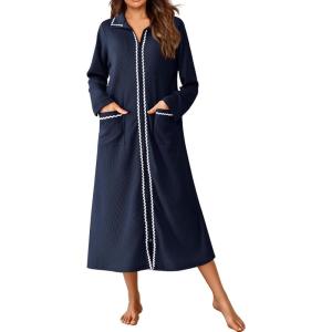 Ekouaer Zipper Robes for Women Long Waffle Knit Bathrobe Lightweight Long Sleeves Robe Soft Sleepwear with Pockets S-XXL(Navy Blue)