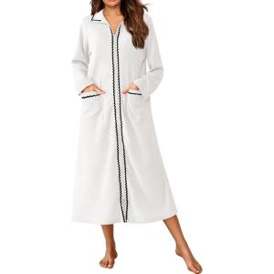 Ekouaer Zipper Robes for Women Long Waffle Knit Bathrobe Lightweight Long Sleeves Robe Soft Sleepwear with Pockets S-XXL(White)