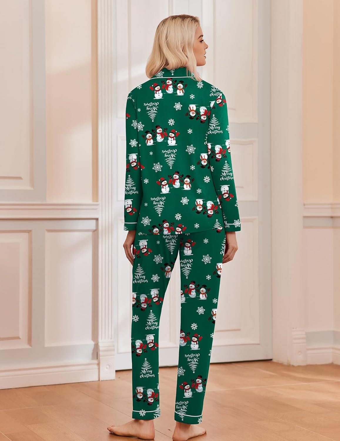 imageEkouaer Christmas Pajamas Womens Long Sleeve Button Down Sleepwear Holiday Matching Pjs Comfy Long Pants Lounge Set SXXLChristmas Green Snowman