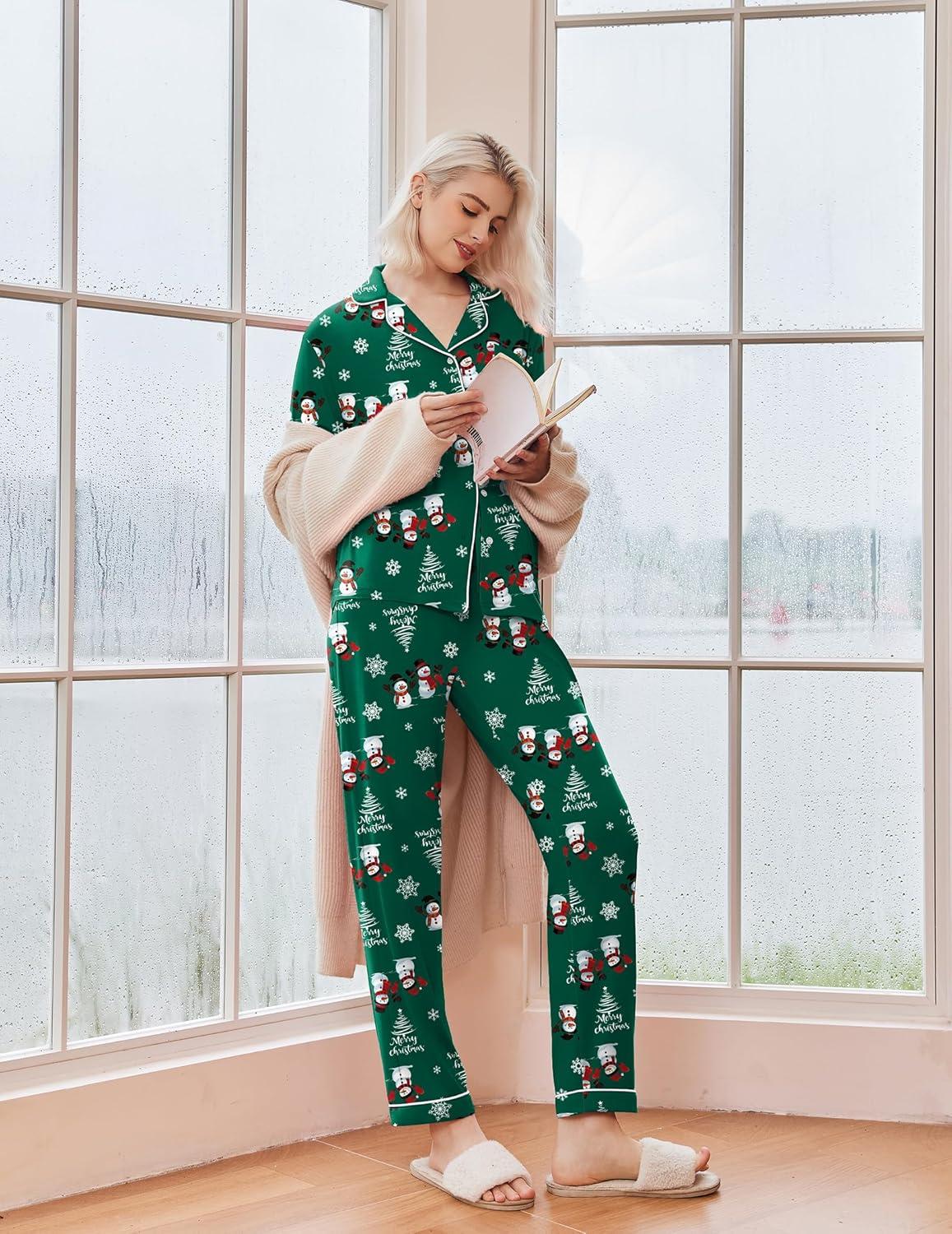imageEkouaer Christmas Pajamas Womens Long Sleeve Button Down Sleepwear Holiday Matching Pjs Comfy Long Pants Lounge Set SXXLChristmas Green Snowman