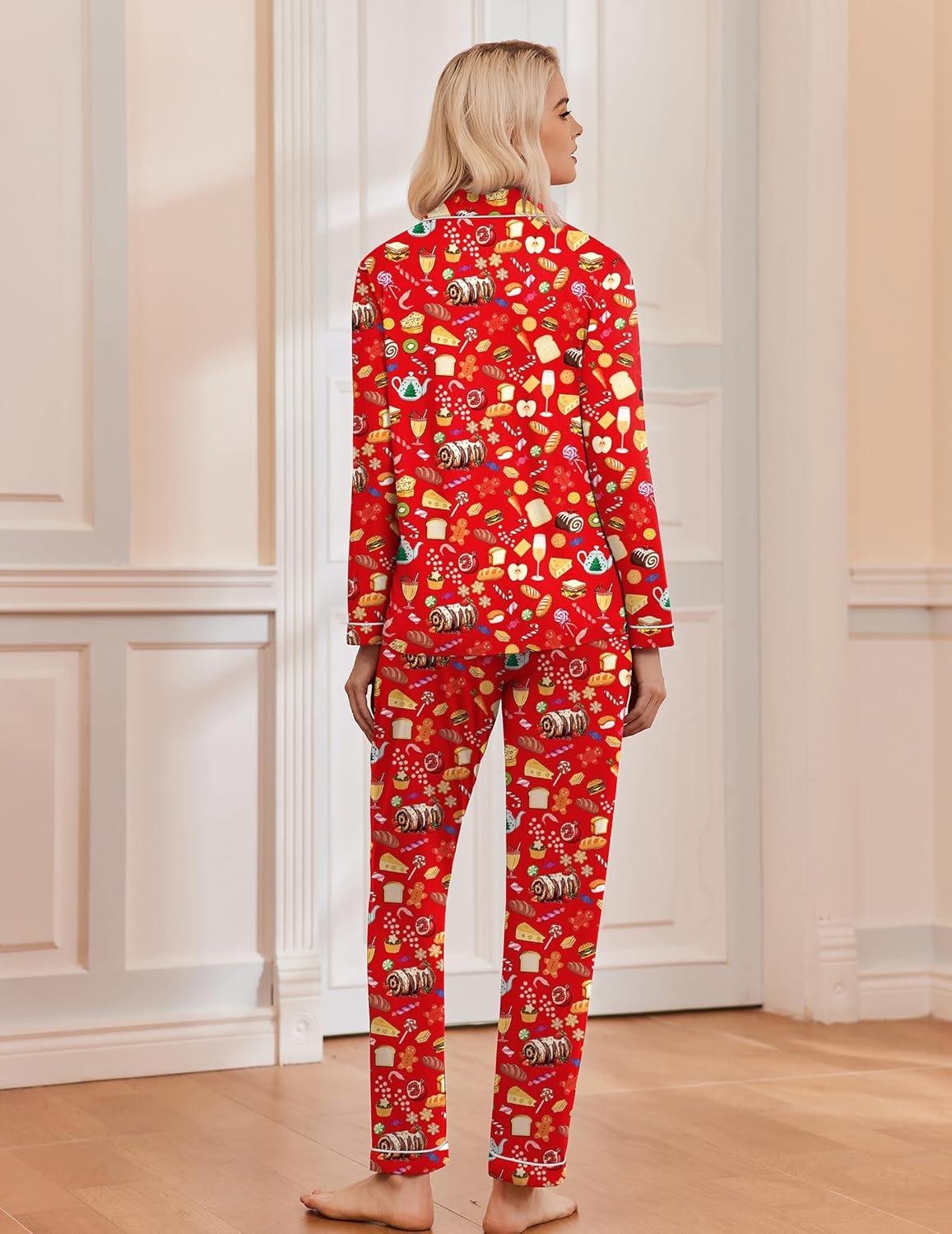 imageEkouaer Christmas Pajamas Womens Long Sleeve Button Down Sleepwear Holiday Matching Pjs Comfy Long Pants Lounge Set SXXLChristmas Red Food