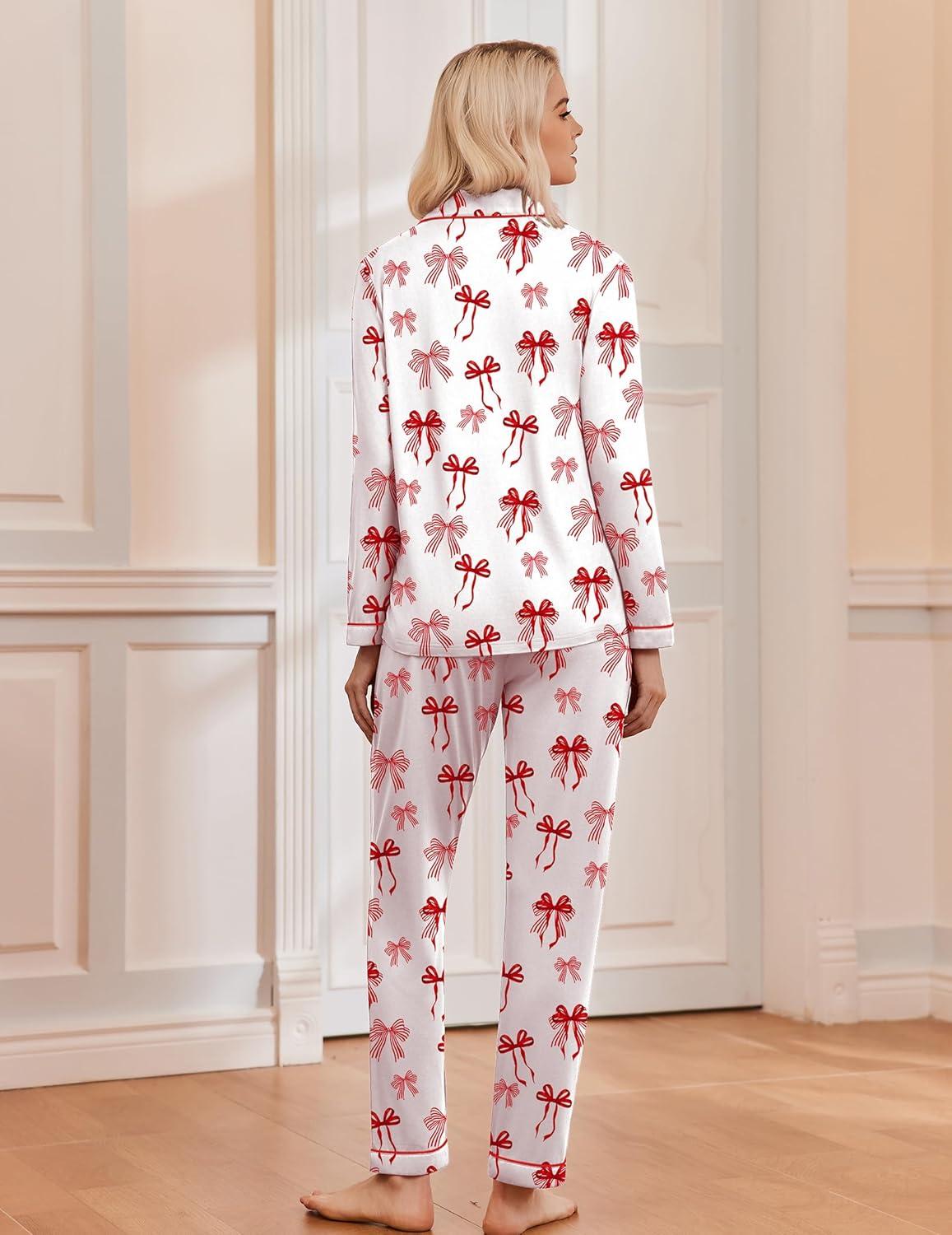 imageEkouaer Christmas Pajamas Womens Long Sleeve Button Down Sleepwear Holiday Matching Pjs Comfy Long Pants Lounge Set SXXLWhite Red Bow Knot