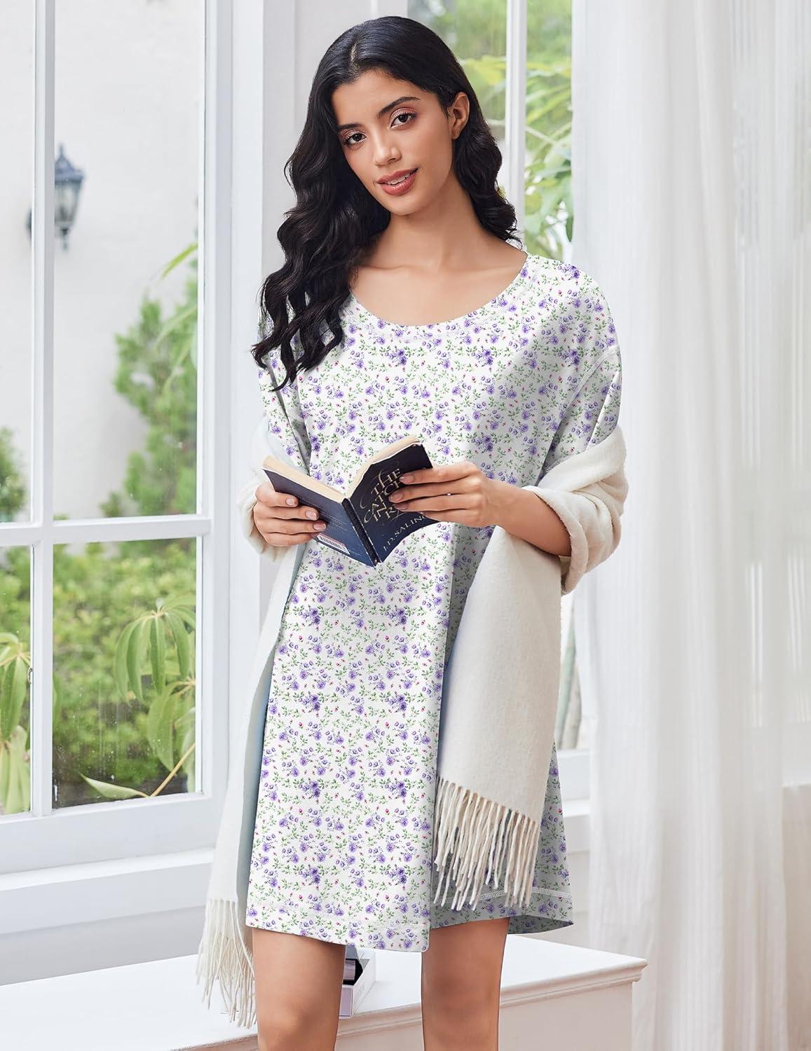 imageEkouaer Cotton Nightgowns for Women Oversized Sleepshirt Tshirt Night Gown Short Sleeve Night Shirt Casual Soft SleepwearPurple Green Floral