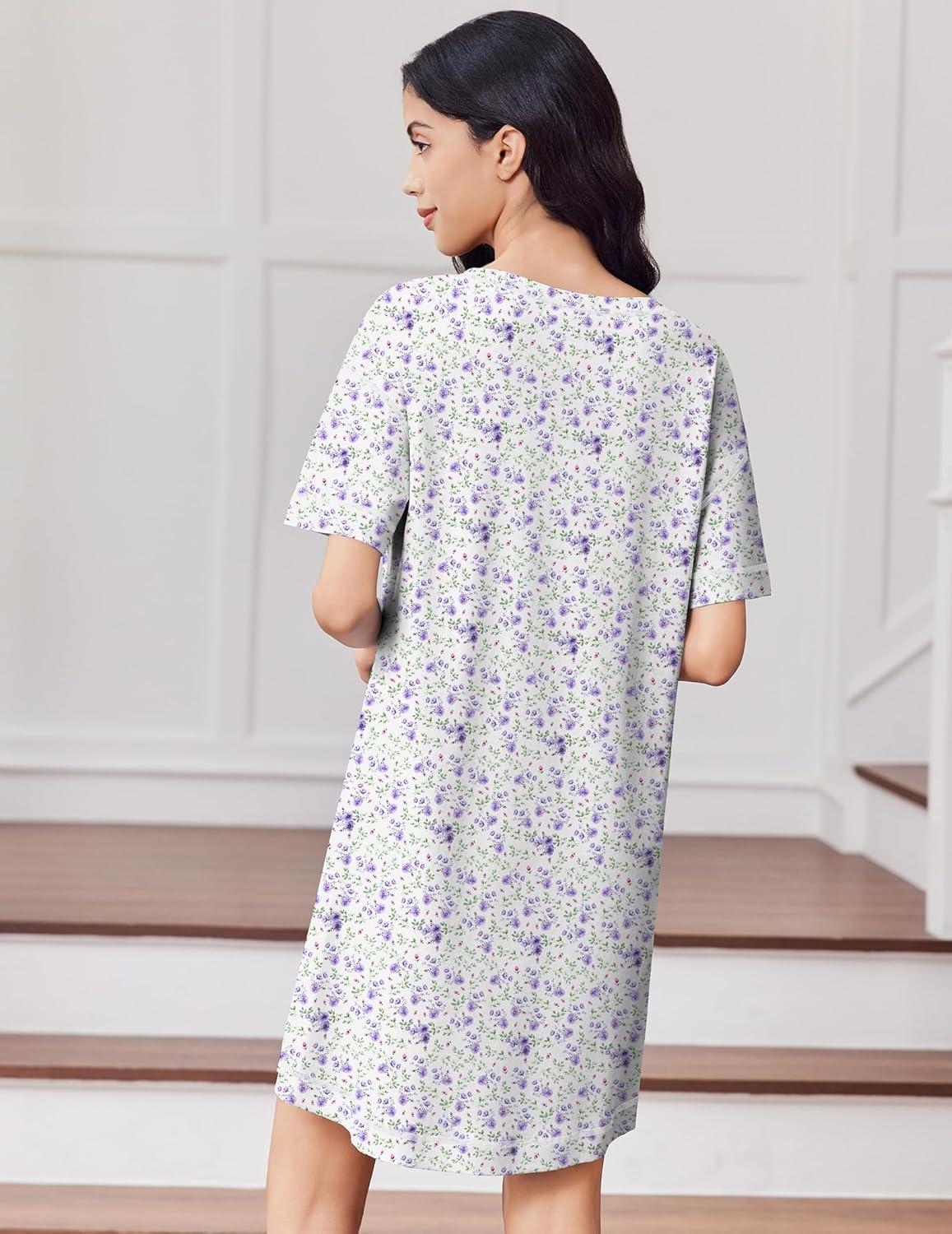 imageEkouaer Cotton Nightgowns for Women Oversized Sleepshirt Tshirt Night Gown Short Sleeve Night Shirt Casual Soft SleepwearPurple Green Floral