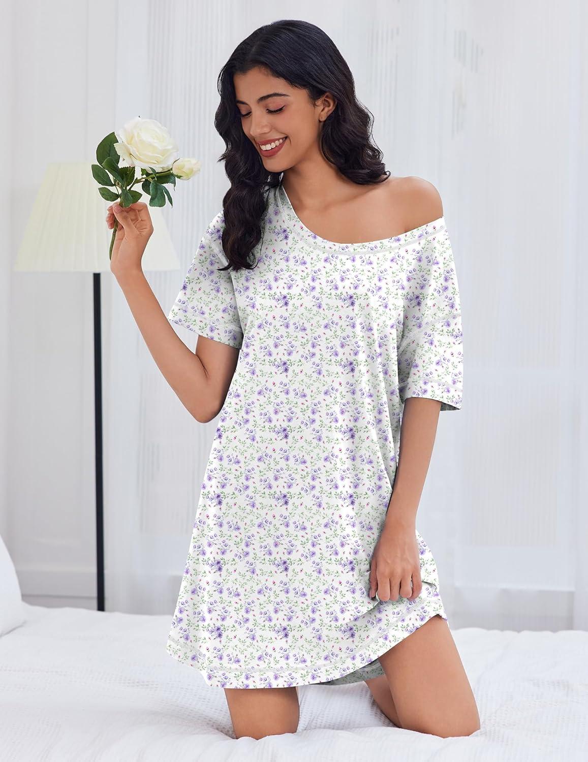 imageEkouaer Cotton Nightgowns for Women Oversized Sleepshirt Tshirt Night Gown Short Sleeve Night Shirt Casual Soft SleepwearPurple Green Floral
