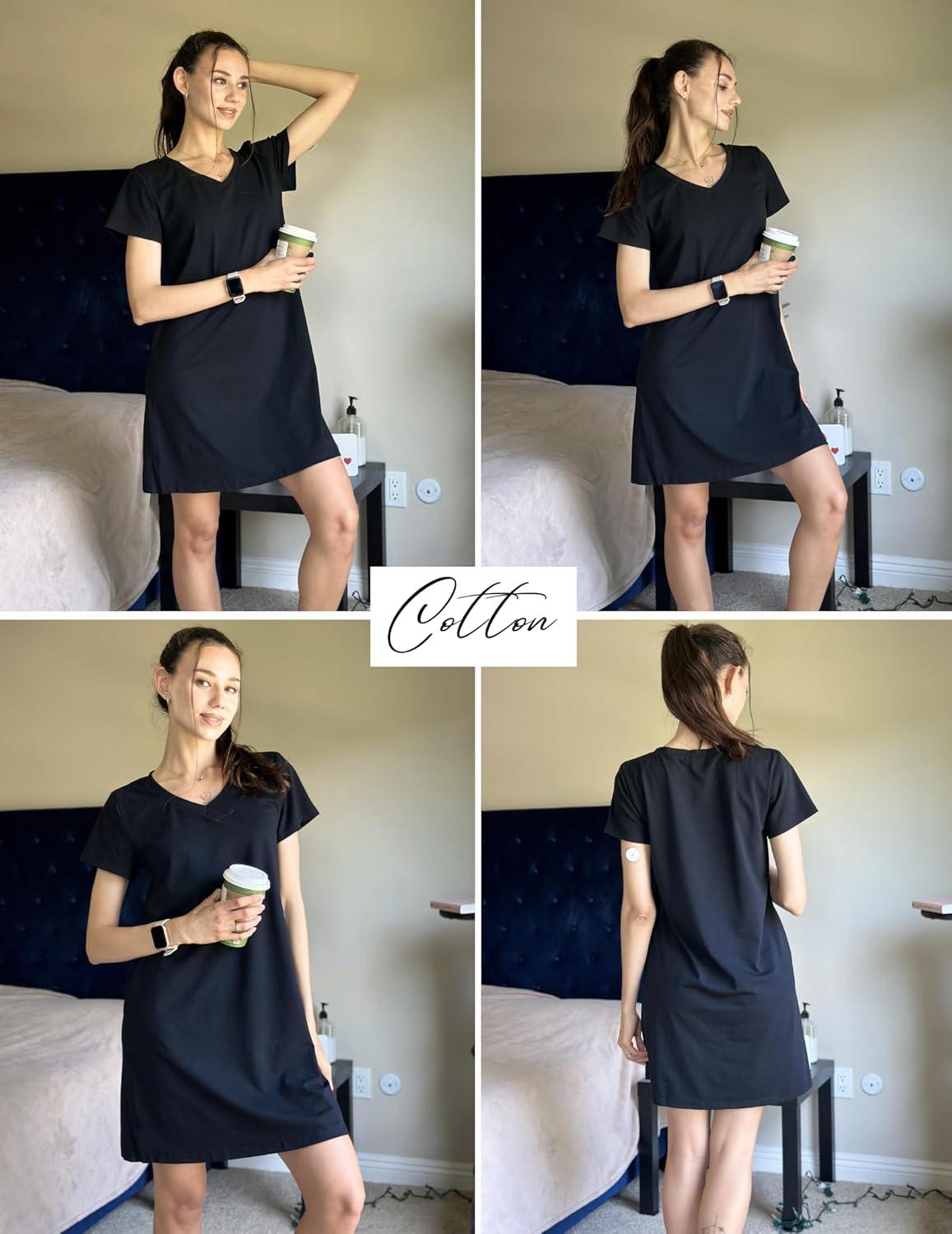imageEkouaer Cotton Nightgowns for Women Short Sleeve Womens Nightgown V Neck Sleep Shirts for Women Soft Sleepwear SXXXLBlack
