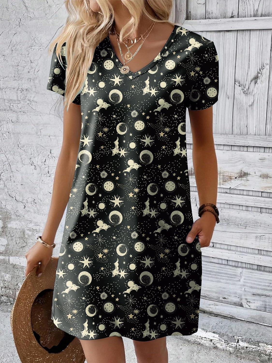 imageEkouaer Cotton Nightgowns for Women Short Sleeve Womens Nightgown V Neck Sleep Shirts for Women Soft Sleepwear SXXXLBlack Moon
