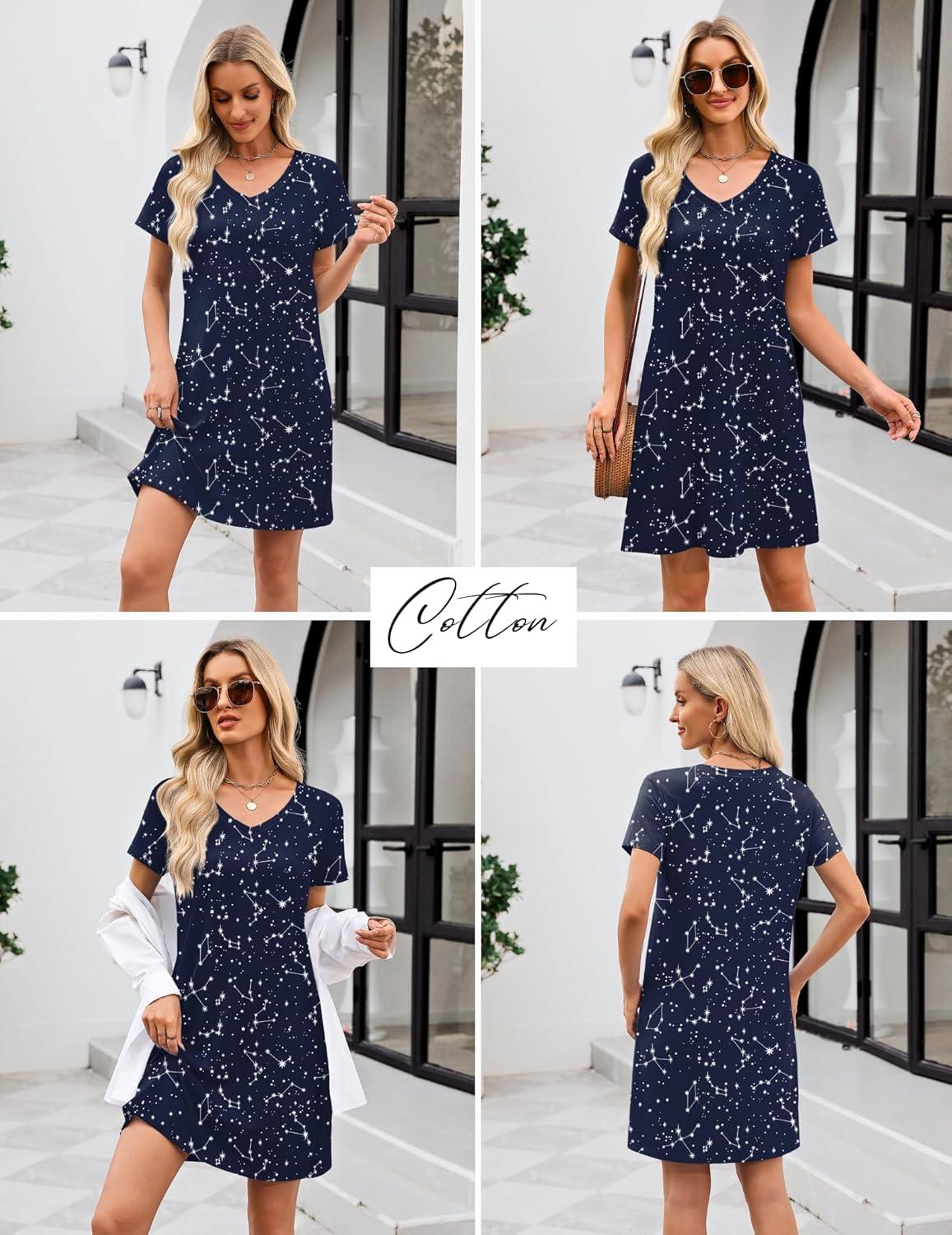 imageEkouaer Cotton Nightgowns for Women Short Sleeve Womens Nightgown V Neck Sleep Shirts for Women Soft Sleepwear SXXXLBlack Star