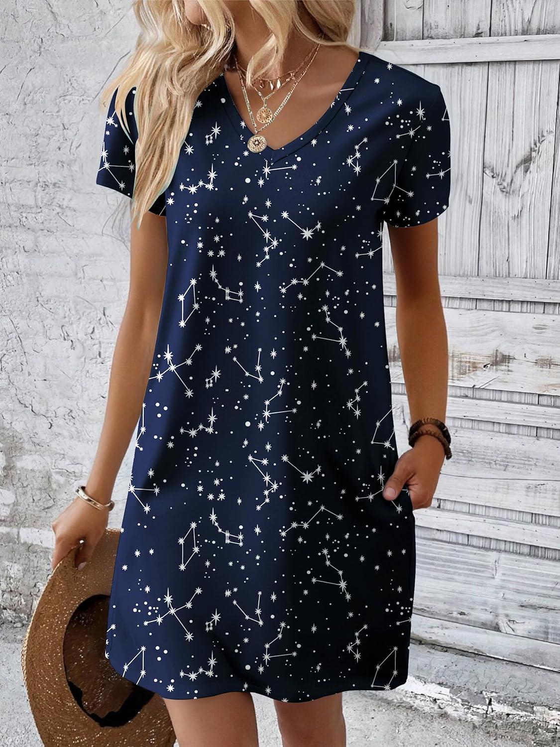 imageEkouaer Cotton Nightgowns for Women Short Sleeve Womens Nightgown V Neck Sleep Shirts for Women Soft Sleepwear SXXXLBlack Star