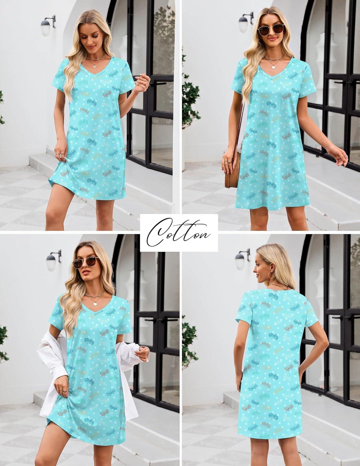 imageEkouaer Cotton Nightgowns for Women Short Sleeve Womens Nightgown V Neck Sleep Shirts for Women Soft Sleepwear SXXXLBlue Butterfly