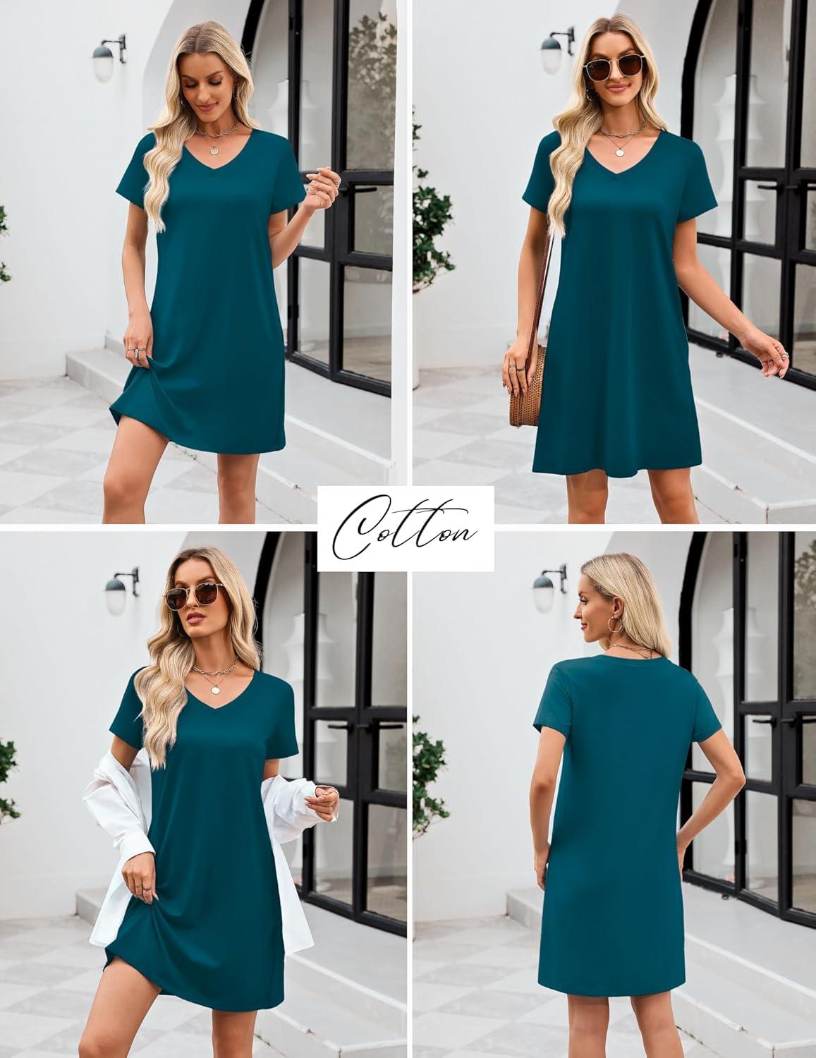 imageEkouaer Cotton Nightgowns for Women Short Sleeve Womens Nightgown V Neck Sleep Shirts for Women Soft Sleepwear SXXXLBlue Green