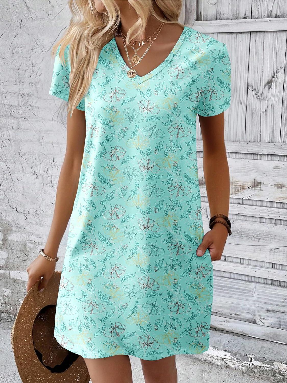 imageEkouaer Cotton Nightgowns for Women Short Sleeve Womens Nightgown V Neck Sleep Shirts for Women Soft Sleepwear SXXXLBlue Leaf