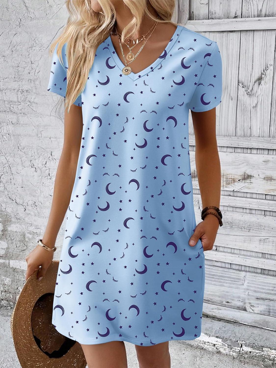 imageEkouaer Cotton Nightgowns for Women Short Sleeve Womens Nightgown V Neck Sleep Shirts for Women Soft Sleepwear SXXXLBlue Moon