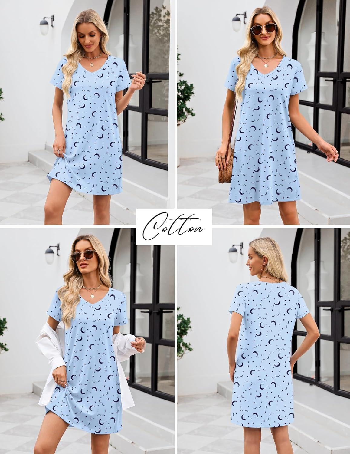 imageEkouaer Cotton Nightgowns for Women Short Sleeve Womens Nightgown V Neck Sleep Shirts for Women Soft Sleepwear SXXXLBlue Moon