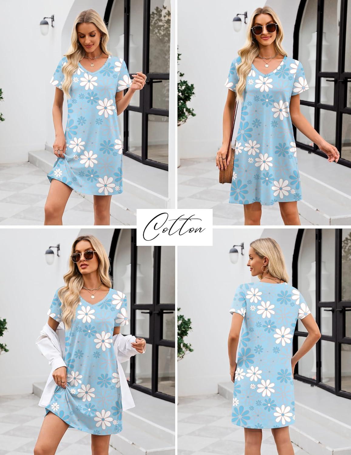 imageEkouaer Cotton Nightgowns for Women Short Sleeve Womens Nightgown V Neck Sleep Shirts for Women Soft Sleepwear SXXXLBlue White Flower
