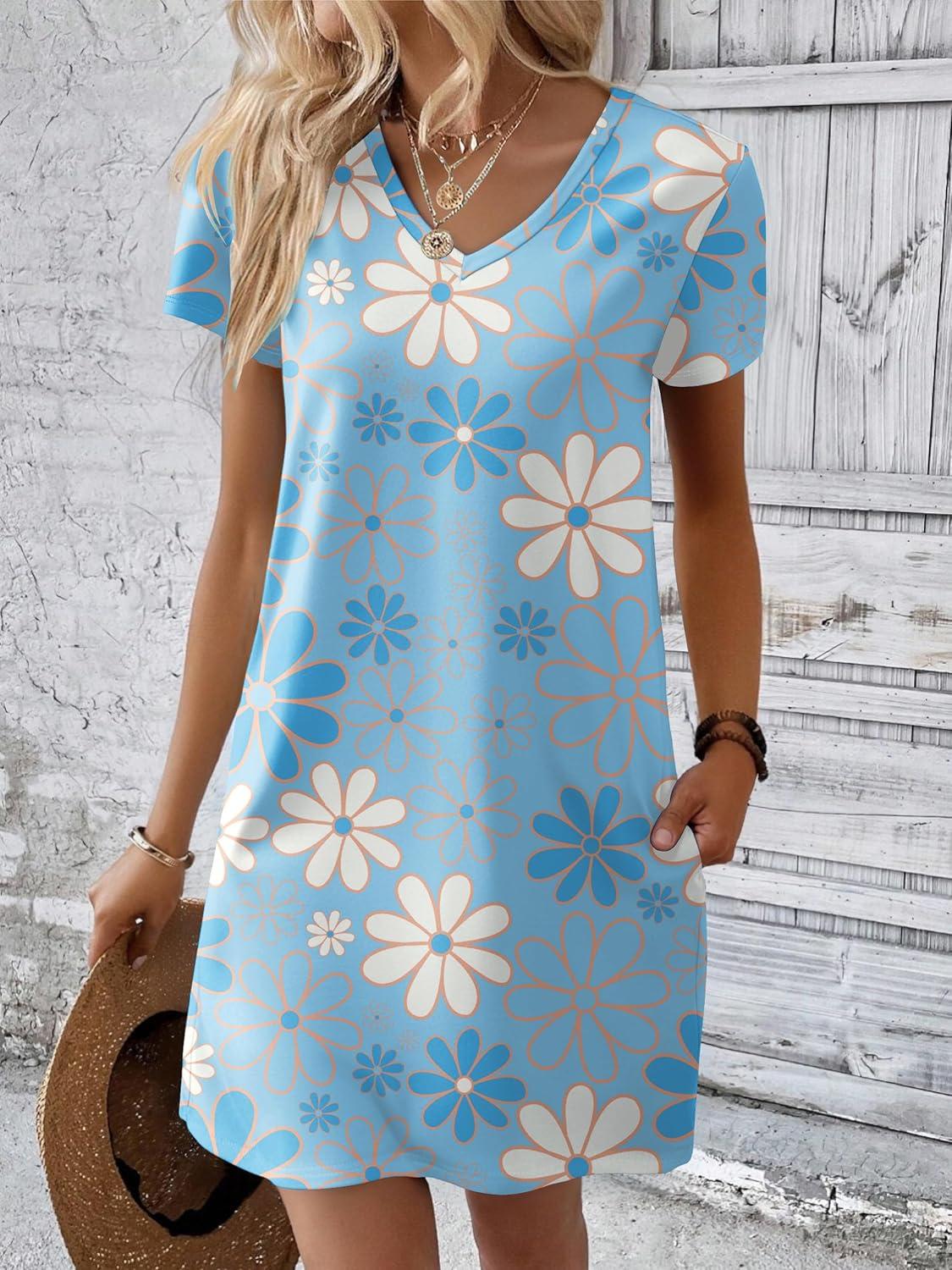imageEkouaer Cotton Nightgowns for Women Short Sleeve Womens Nightgown V Neck Sleep Shirts for Women Soft Sleepwear SXXXLBlue White Flower