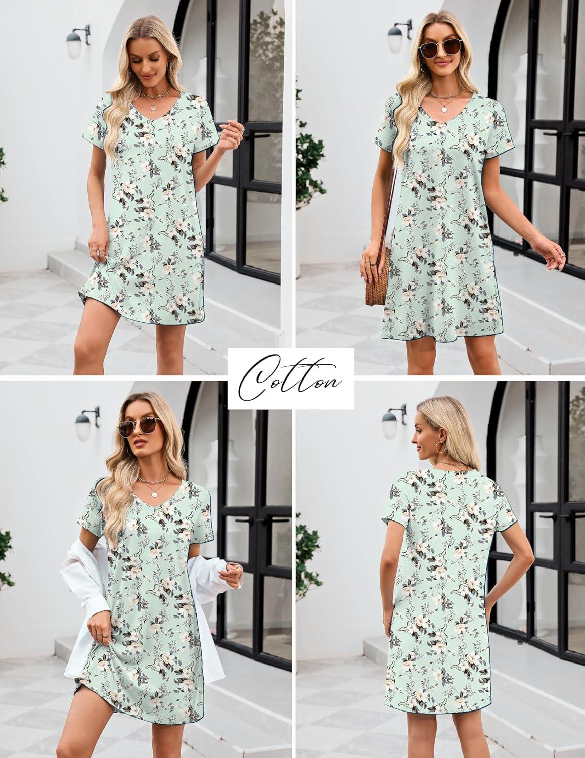 imageEkouaer Cotton Nightgowns for Women Short Sleeve Womens Nightgown V Neck Sleep Shirts for Women Soft Sleepwear SXXXLGreen Floral