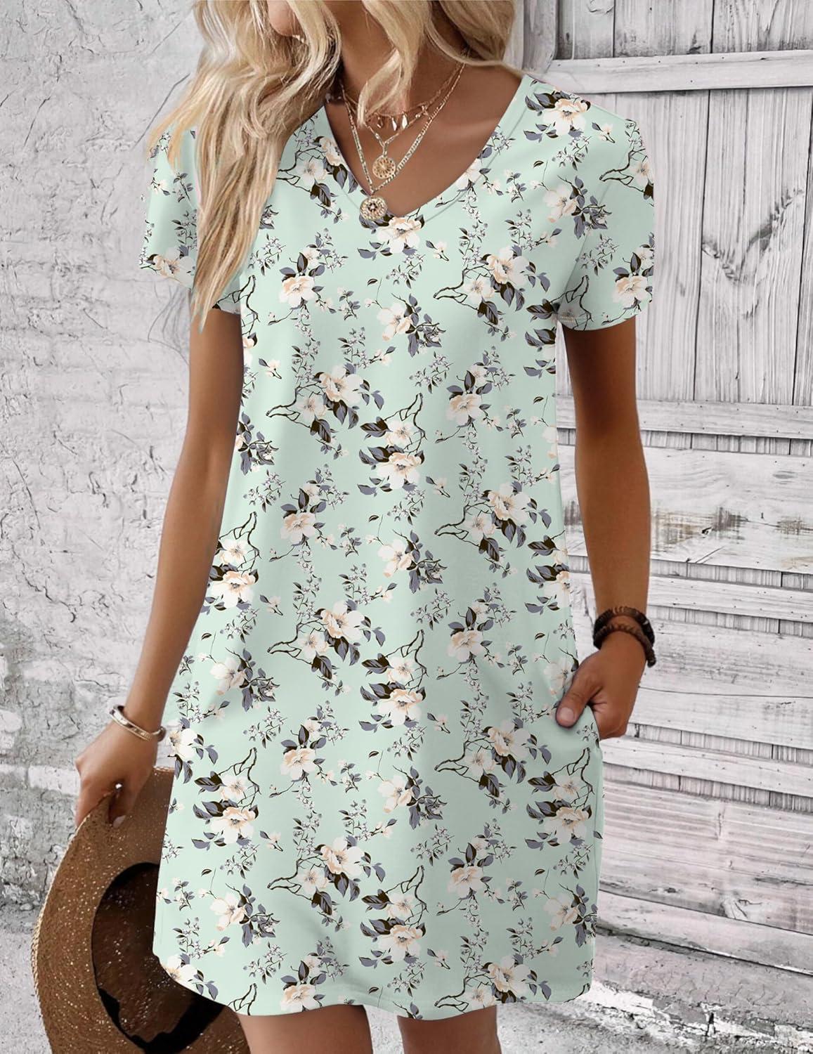 imageEkouaer Cotton Nightgowns for Women Short Sleeve Womens Nightgown V Neck Sleep Shirts for Women Soft Sleepwear SXXXLGreen Floral
