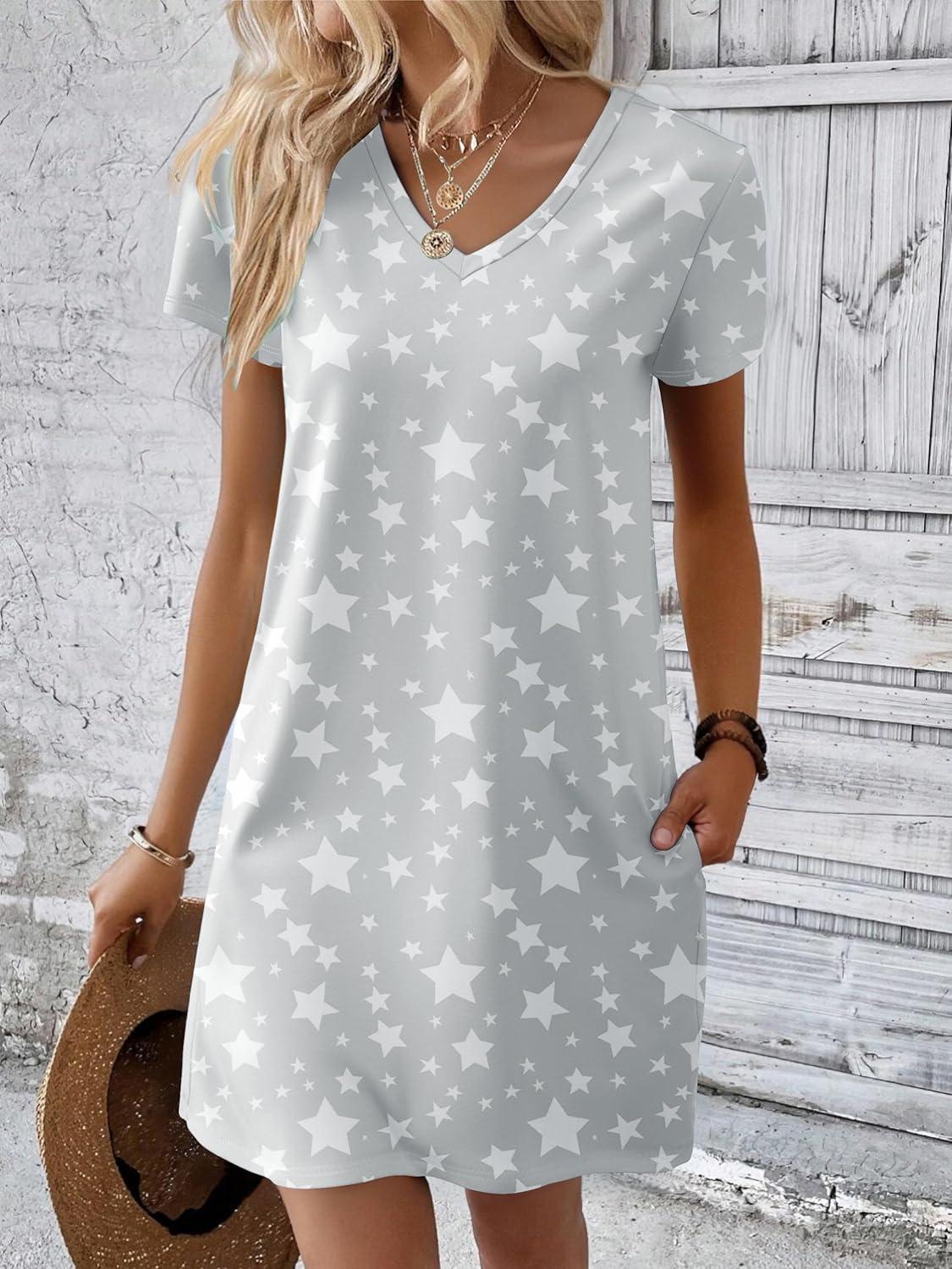 imageEkouaer Cotton Nightgowns for Women Short Sleeve Womens Nightgown V Neck Sleep Shirts for Women Soft Sleepwear SXXXLGrey Star