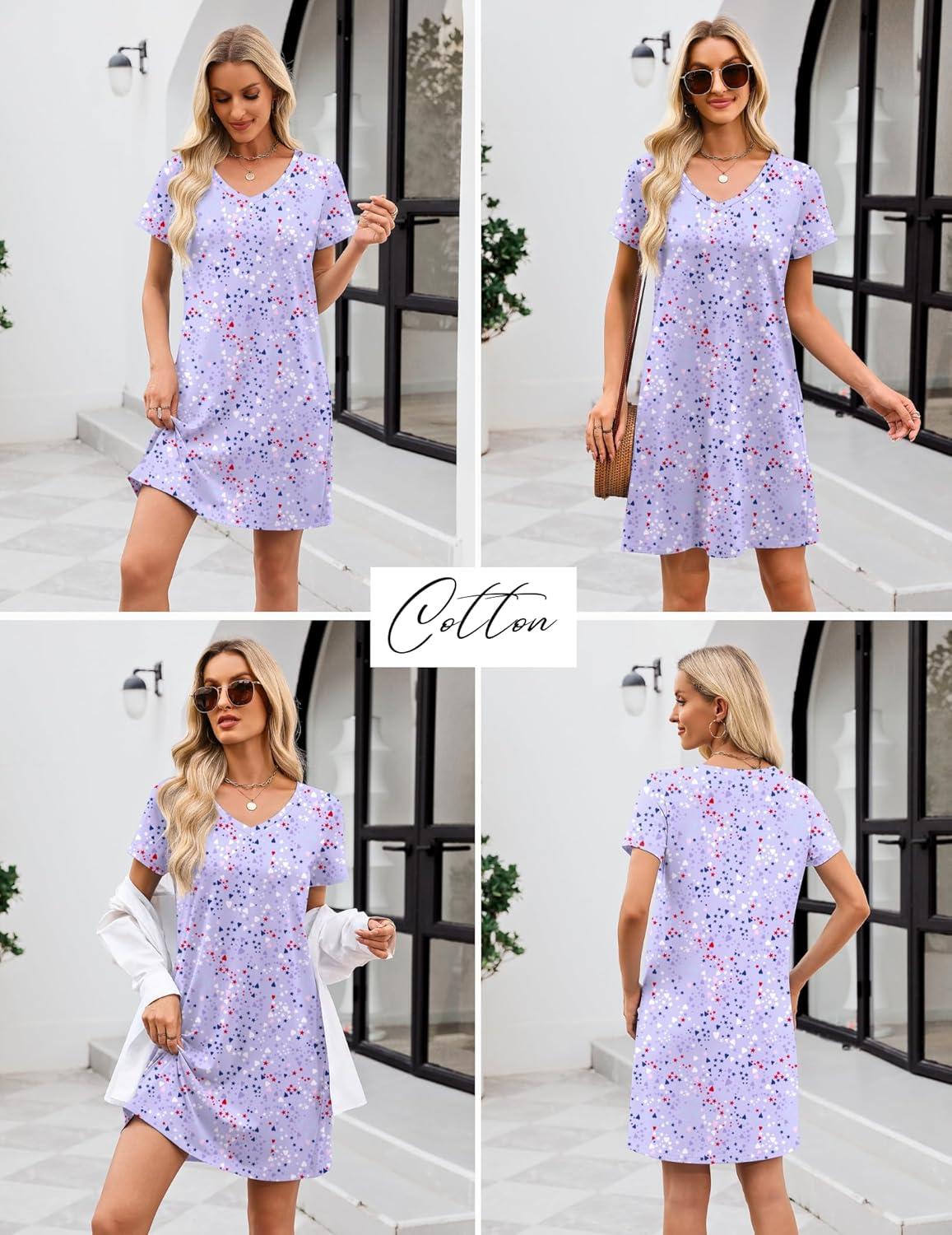 imageEkouaer Cotton Nightgowns for Women Short Sleeve Womens Nightgown V Neck Sleep Shirts for Women Soft Sleepwear SXXXLHeart Print Purple