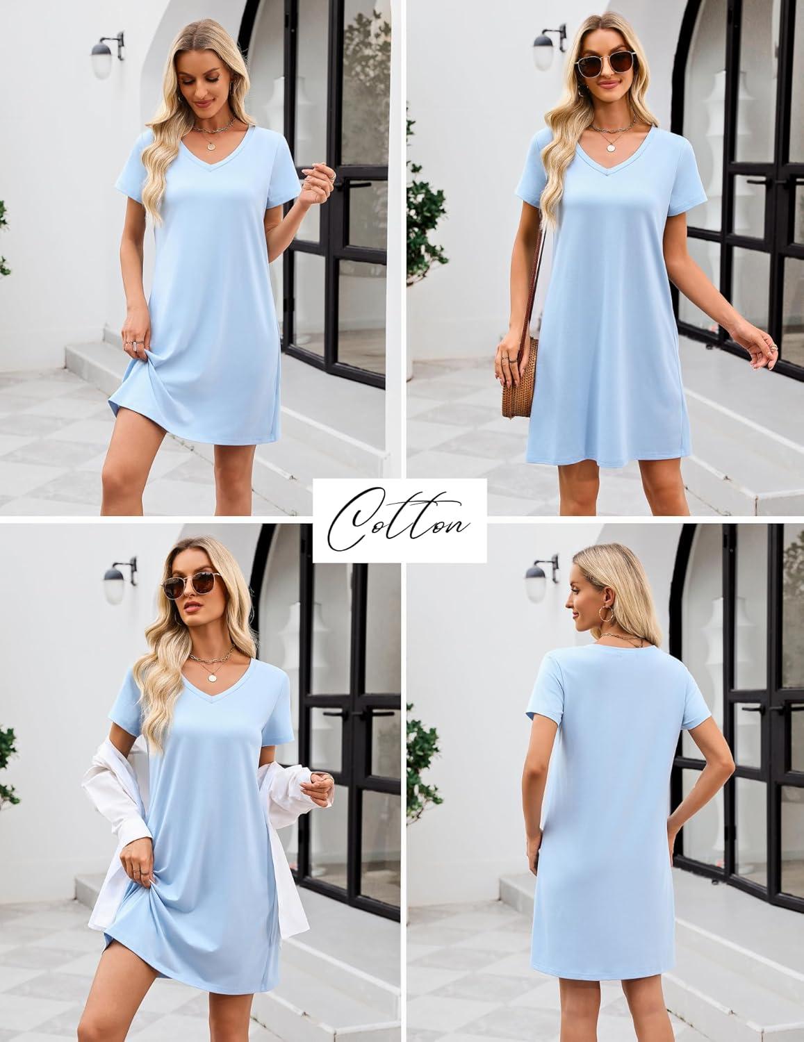 imageEkouaer Cotton Nightgowns for Women Short Sleeve Womens Nightgown V Neck Sleep Shirts for Women Soft Sleepwear SXXXLLight Blue