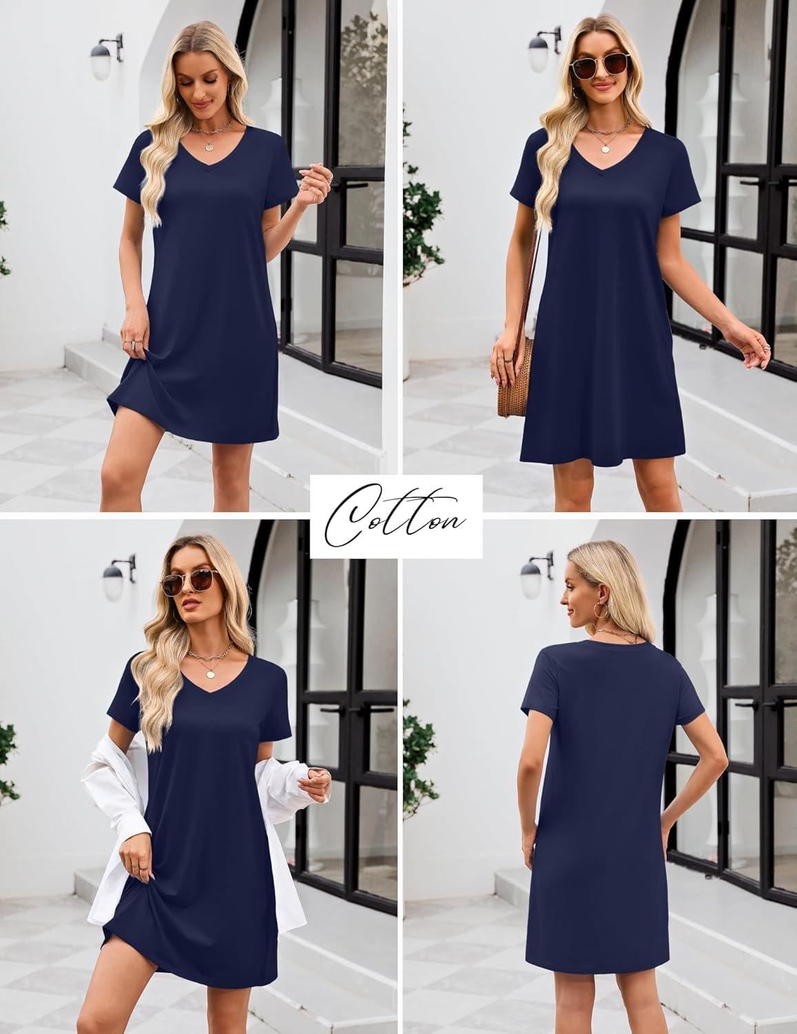 imageEkouaer Cotton Nightgowns for Women Short Sleeve Womens Nightgown V Neck Sleep Shirts for Women Soft Sleepwear SXXXLNavy Blue