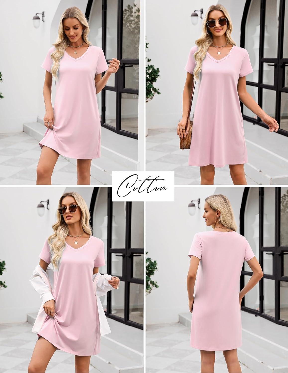 imageEkouaer Cotton Nightgowns for Women Short Sleeve Womens Nightgown V Neck Sleep Shirts for Women Soft Sleepwear SXXXLPink