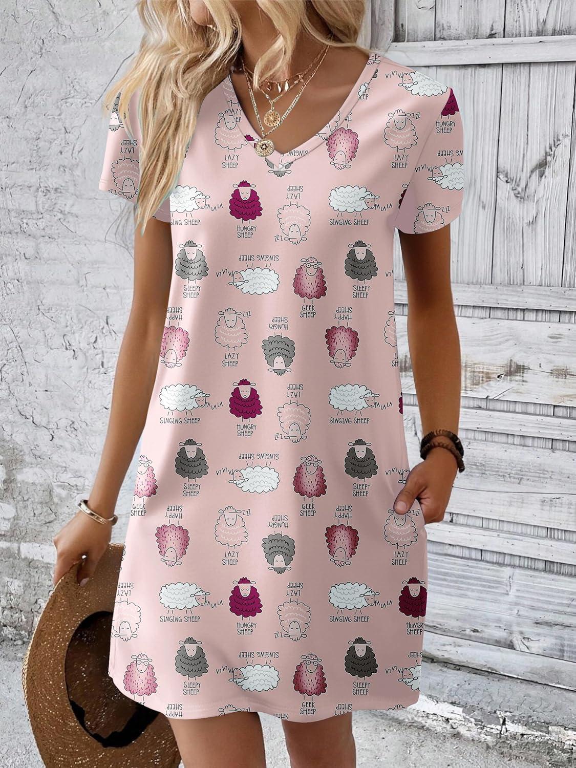 imageEkouaer Cotton Nightgowns for Women Short Sleeve Womens Nightgown V Neck Sleep Shirts for Women Soft Sleepwear SXXXLPink Sheep