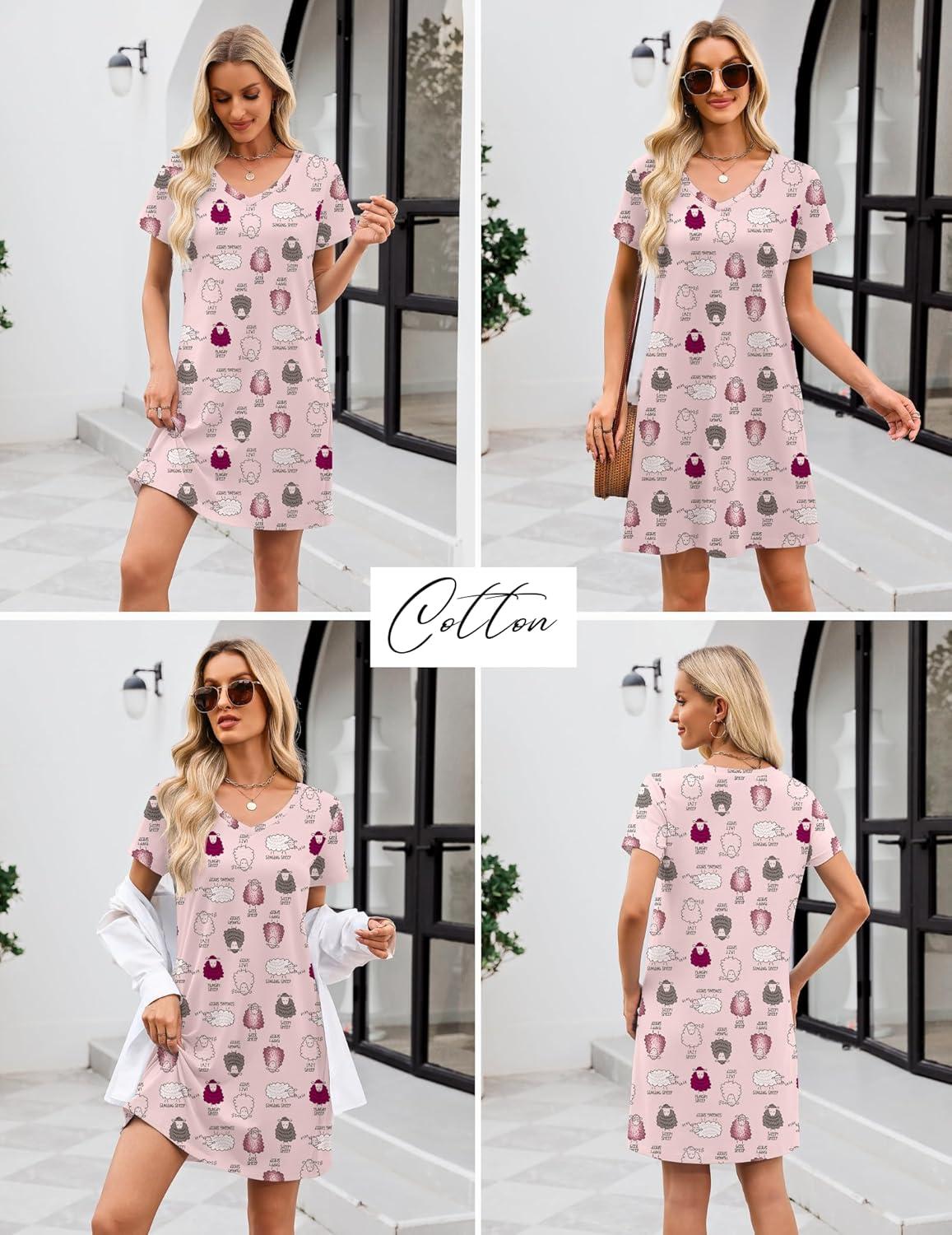 imageEkouaer Cotton Nightgowns for Women Short Sleeve Womens Nightgown V Neck Sleep Shirts for Women Soft Sleepwear SXXXLPink Sheep