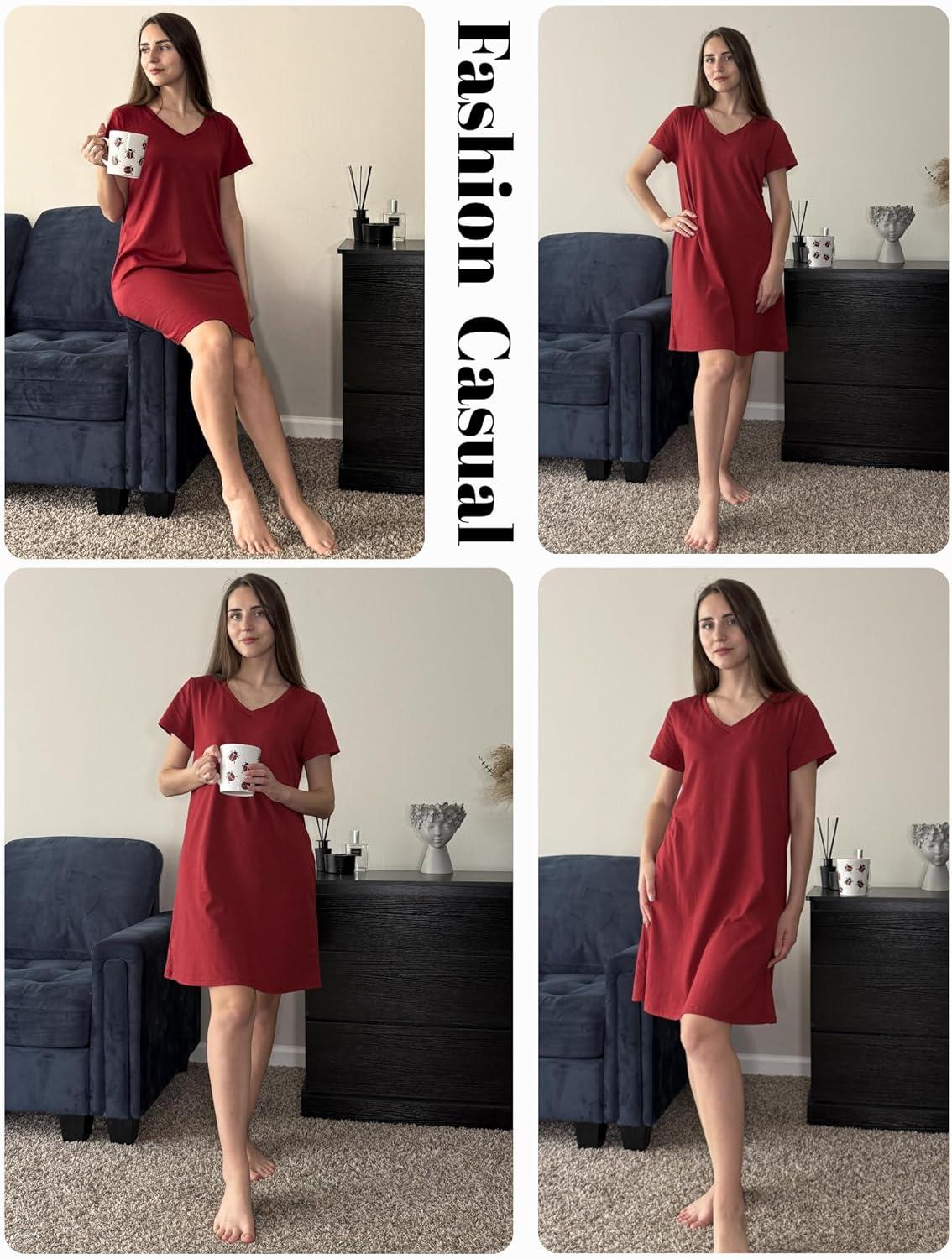 imageEkouaer Cotton Nightgowns for Women Short Sleeve Womens Nightgown V Neck Sleep Shirts for Women Soft Sleepwear SXXXLWine Red