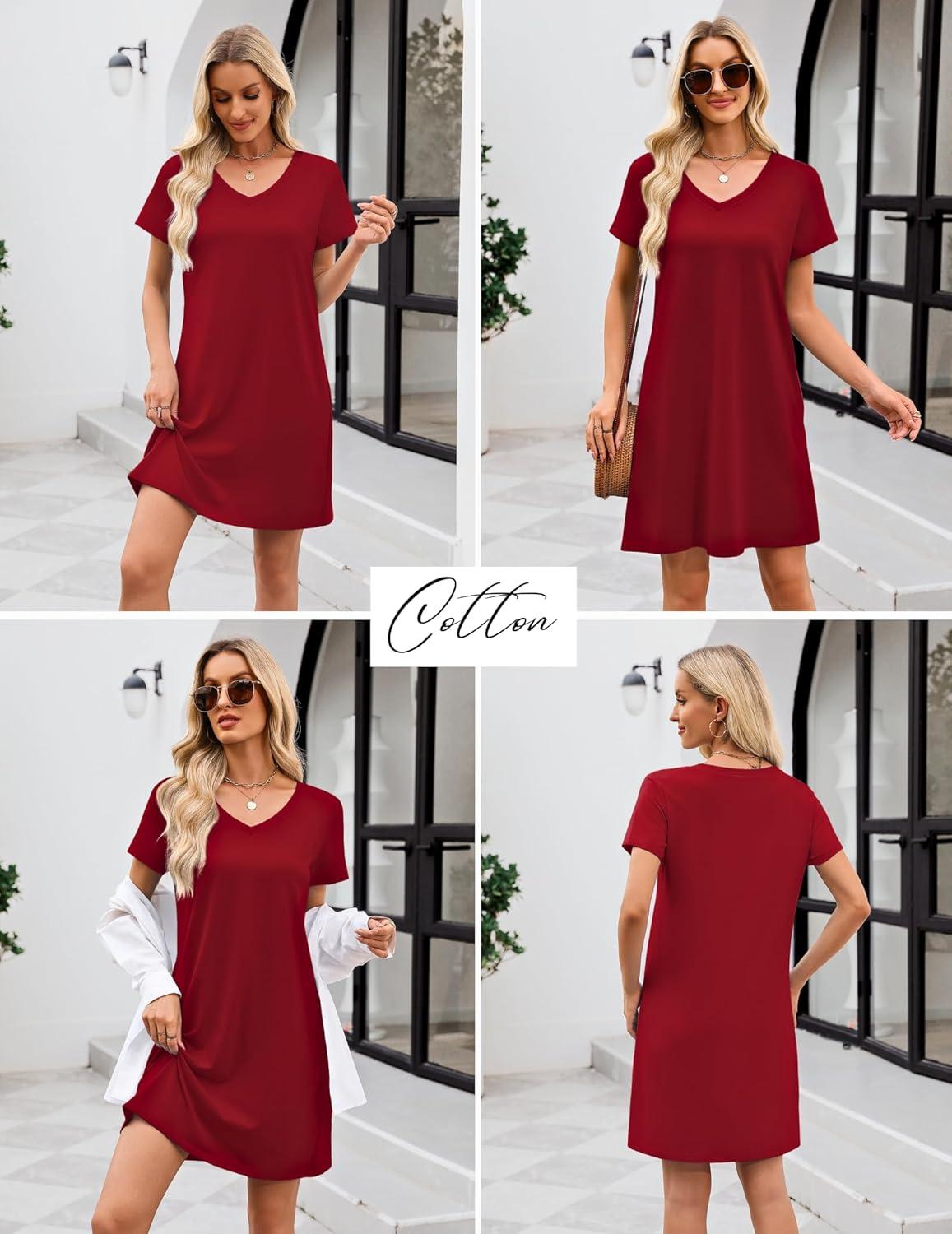 imageEkouaer Cotton Nightgowns for Women Short Sleeve Womens Nightgown V Neck Sleep Shirts for Women Soft Sleepwear SXXXLWine Red