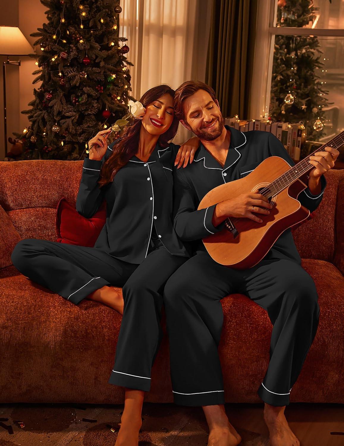 imageEkouaer Couple Matching Pajamas 100 Cotton Long Sleeve Sleepwear Button Down Loungewear Pjs Set SXXLBlack