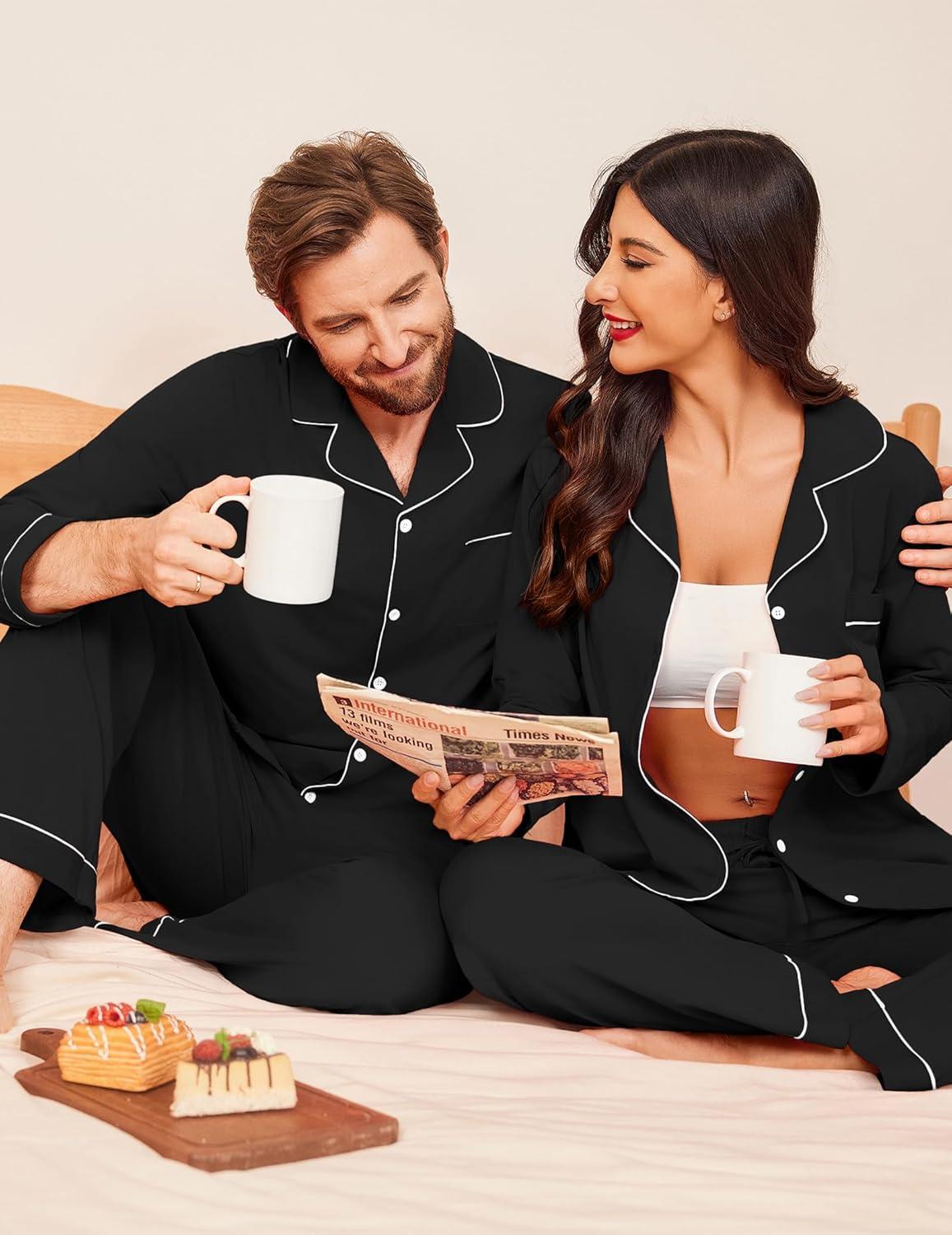 imageEkouaer Couple Matching Pajamas 100 Cotton Long Sleeve Sleepwear Button Down Loungewear Pjs Set SXXLBlack