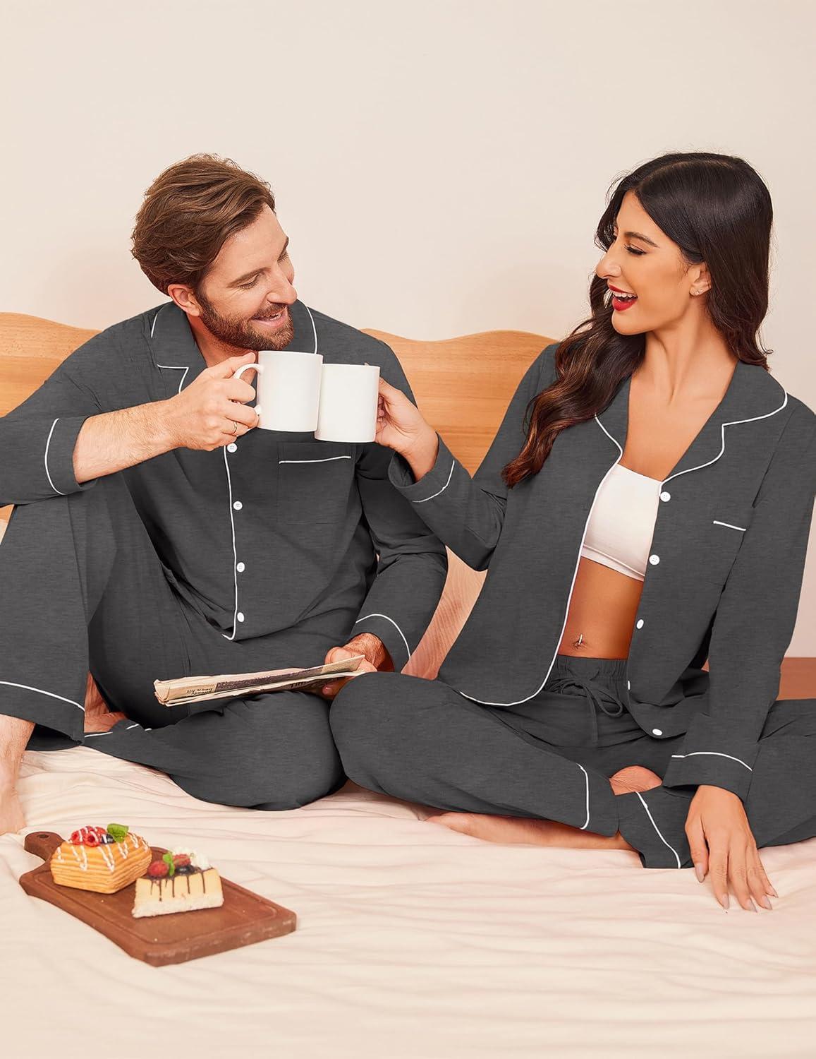 imageEkouaer Couple Matching Pajamas 100 Cotton Long Sleeve Sleepwear Button Down Loungewear Pjs Set SXXLDark Grey