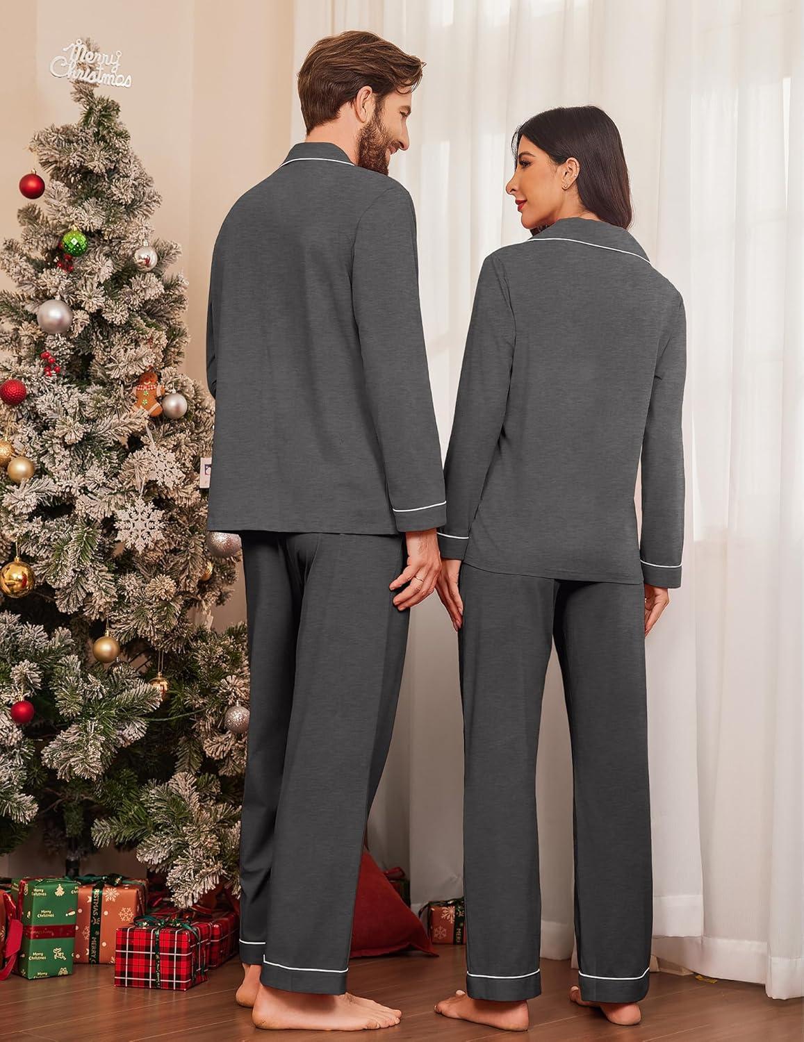 imageEkouaer Couple Matching Pajamas 100 Cotton Long Sleeve Sleepwear Button Down Loungewear Pjs Set SXXLDark Grey
